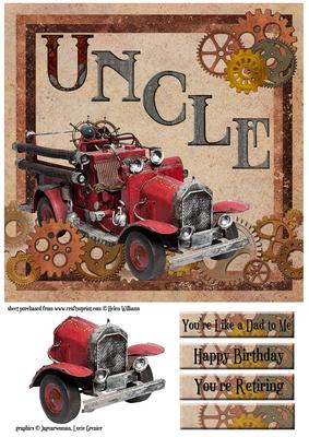 Steampunk Vintage Fire Engine Uncle 8x8inch Topper