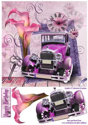 Vintage Inspired Car, Lilies & Time 8x8inch Card Front