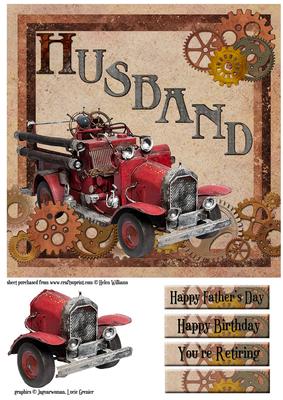 Steampunk Vintage Fire Engine 8x8inch Topper Husband