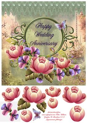 Pink Flowers & Thistle on Pastel Green Lace 8x8inch Card