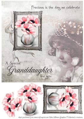 Vintage Anemone & Little Girl Granddaughter 8inch Card