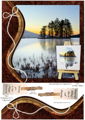 Swirl Border & Painters Easel Sunset Lake 8x8inch Topper