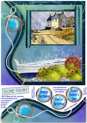 Swirl Border Fishing Village & Boat 8x8inch