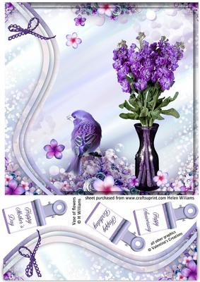 Swirl Border Purple Flowers & Bird 8x8inch Topper