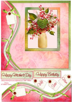 Swirl Border Heart & Flowers in Red & Green 8x8inch Topper