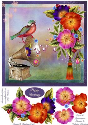 Vintage Gramophone & Wild Roses 8x8inch Step by Step