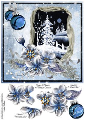 Winter Flowers and Snow Scene at Night on Blue 8x8inch