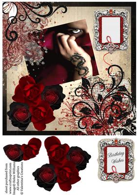 Dragon Tattoo & Red Rose Swirl 8x8inch Card Front
