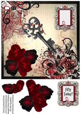 Key to the Room Red Rose & Piano Key Swirl 8x8inch
