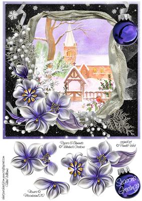 Winter Flowers & Church in the Snow on Purple Night