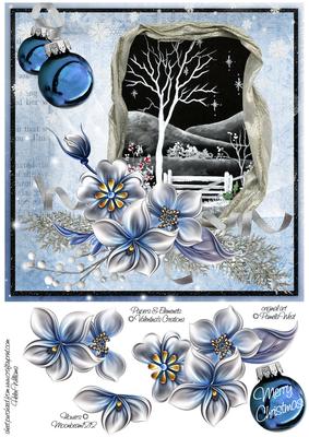 Winter Flowers & Night Snow Scene on Blue