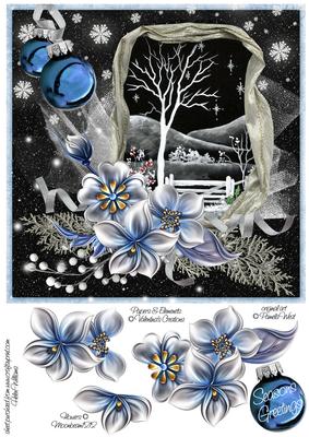 Winter Flowers & Night Snow Scene on Black 8x8 Inch