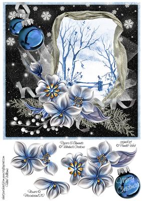 Winter Flowers & Snow Scene on Black 8x8inch