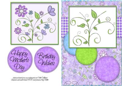 Add Your Own Buttons Card Front A5 Purple Floral Vine