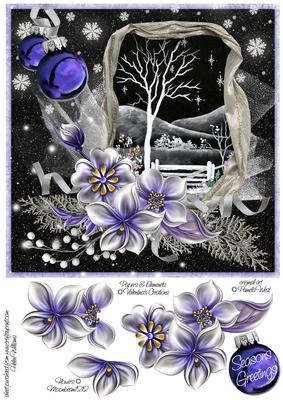 Winter Flowers & Night Snow Scene on Black 8x8 Inch