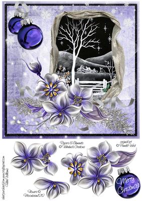 Winter Flowers & Night Snow Scene 8x8 Inch