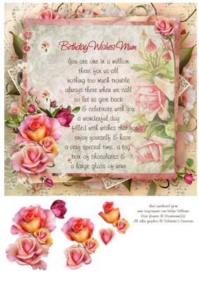 Pink Rose Mum Birthday Verse 8x8inch Step by Step