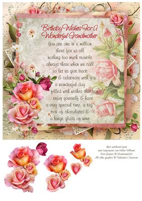 Pink Rose Grandmother Birthday Verse 8x8inch Step by Step