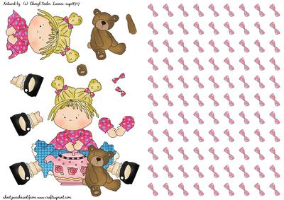 Cute Girl & Teddy. Bow Backing Paper & Decoupage