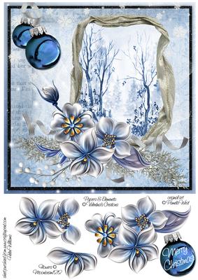 Winter Flowers & Snow Scene at in Blue 8x8inch