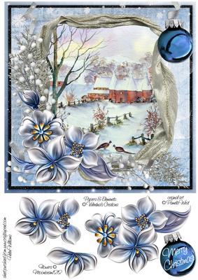 Winter Flowers & Oast Houses in the Snow on Blue 8x8inch