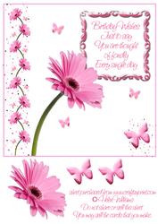 Pink Gerbera & Butterfly Wishes 8x8 Inch Topper Birthday