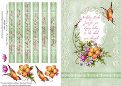 Painted Flowers & Butterfly on Blush Green Birthday Card