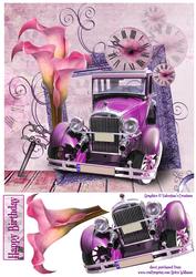 Vintage Inspired Car, Lilies & Time 8x8inch Card Front