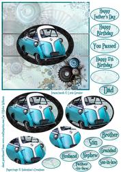 Vintage Car in Teal & Cogs 6inch Oval Pyramid