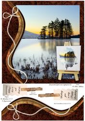Swirl Border & Painters Easel Sunset Lake 8x8inch Topper