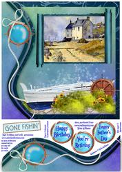 Swirl Border Fishing Village & Boat 8x8inch