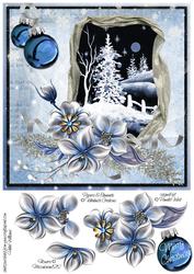 Winter Flowers and Snow Scene at Night on Blue 8x8inch