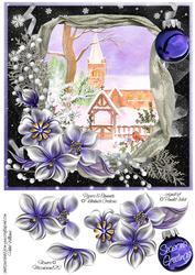 Winter Flowers & Church in the Snow on Purple Night