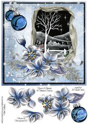 Winter Flowers & Night Snow Scene on Blue