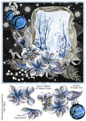 Winter Flowers & Snow Scene at Night in Blue 8x8inch