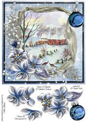 Winter Flowers & Oast Houses in the Snow on Blue 8x8inch