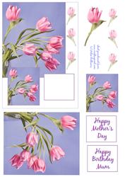 Pink Tulips Mother's Day, Birthday Card Front and Toppers.