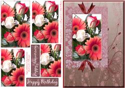 Gerbera & Rose Bouquet Pyramid on a Floral Swirl Background