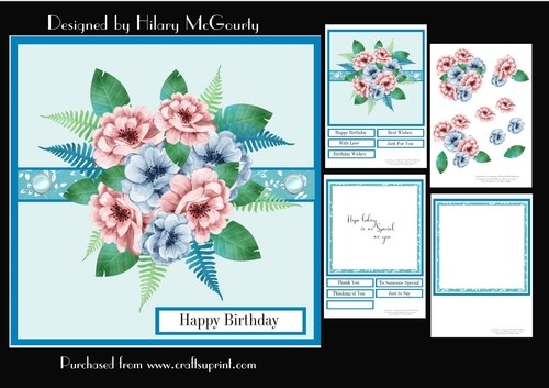 Blue and Pink Anemone Birthday Card