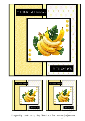 7 inch and 3 inch Square Toppers -  You Drive Me Bananas Valentines Day Card