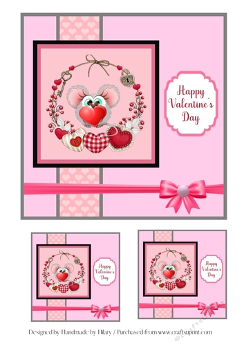 7 inch and 3 inch Square Toppers -  Little Mouse with Heart Valentines Card