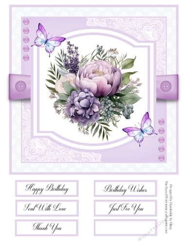 Purple Peonies and Butterflies 8x8 Quick Card - Design 1