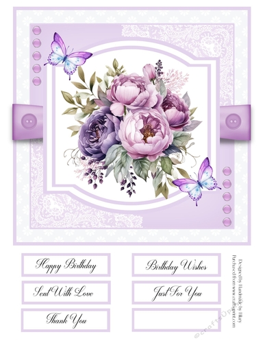 Purple Peonies and Butterflies 8x8 Quick Card - Design 2