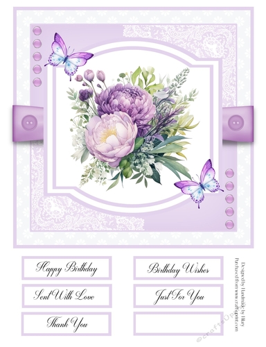 Purple Peonies and Butterflies 8x8 Quick Card - Design 3