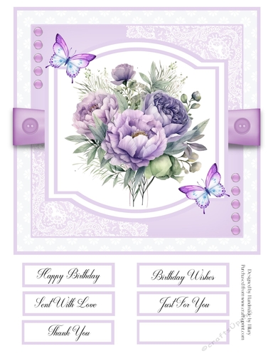 Purple Peonies and Butterflies 8x8 Quick Card - Design 4
