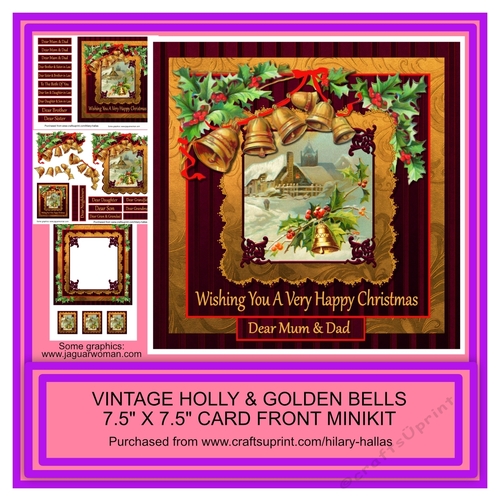 Vintage Holly & Golden Bells 7.5 x 7.5 Card Front Minikit