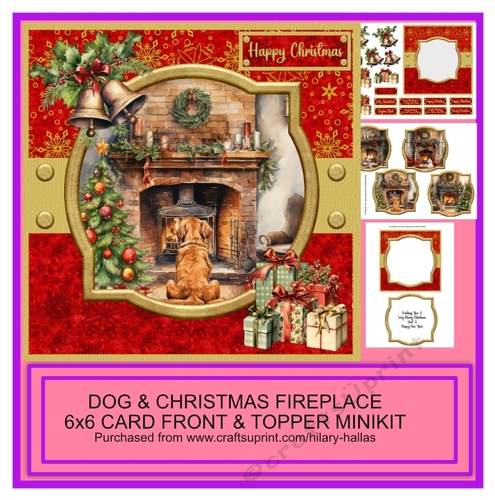 Dog & Christmas Fireplace 6x6 Card Front & Topper Minikit