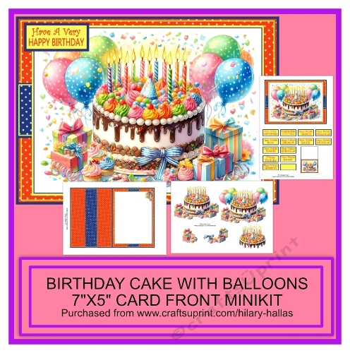 cup1378689_819 - Birthday Cake With Balloons 7x5 Card Front Minikit