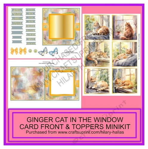 Ginger Cat In The Window Card Front & Toppers Minikit