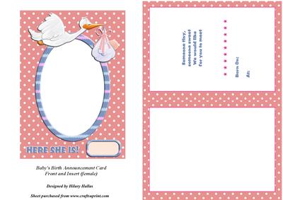 Baby's Announcement Card Front & Insert (girl)
